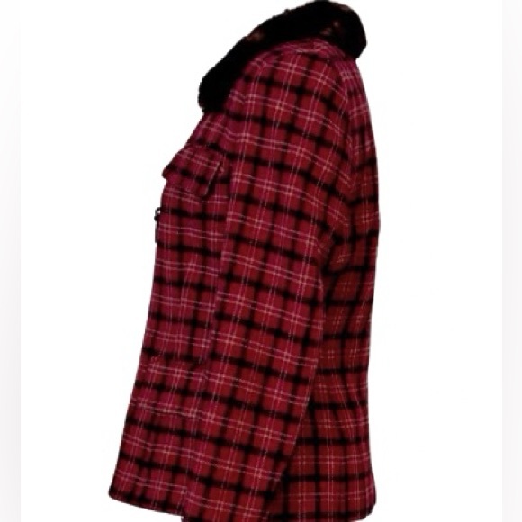 Vintage Wool Ralph Lauren Plaid Jacket Faux Fur Collar Red Sz 6 Small Blazer - Picture 3 of 12